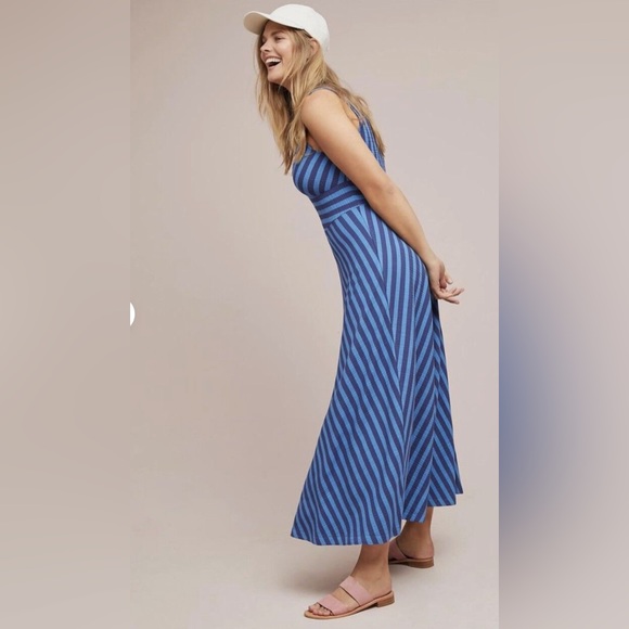 Anthropologie Maeve Only My Striped Dress Maxi Stretch Rib V Neck Fit Flare Blue - Picture 1 of 9